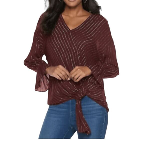 Juicy Couture Vintage Burgundy Wrap Top Metallic Long Bell Sleeve Plus Size Blou - Picture 1 of 7